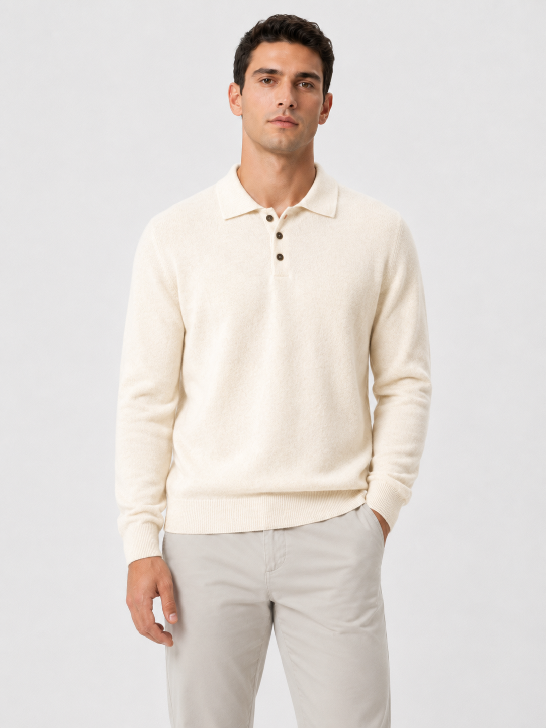 Men’s Long Sleeve Polo Knit Sweater with Three-Button Collar