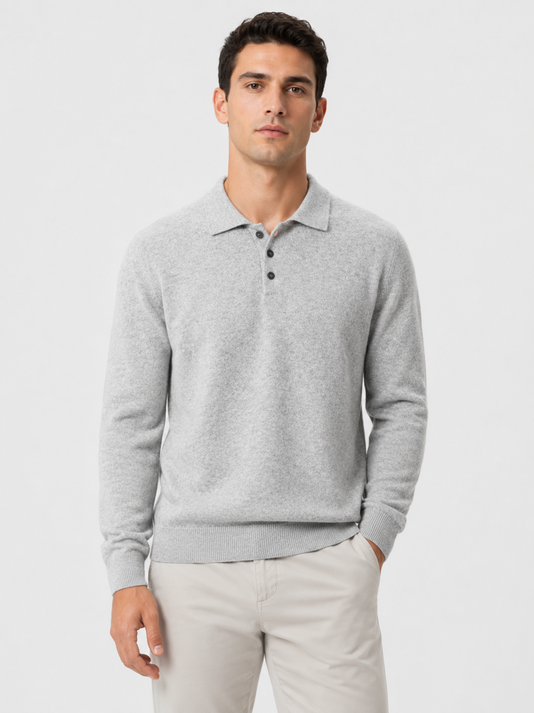 Men’s Long Sleeve Polo Knit Sweater with Three-Button Collar