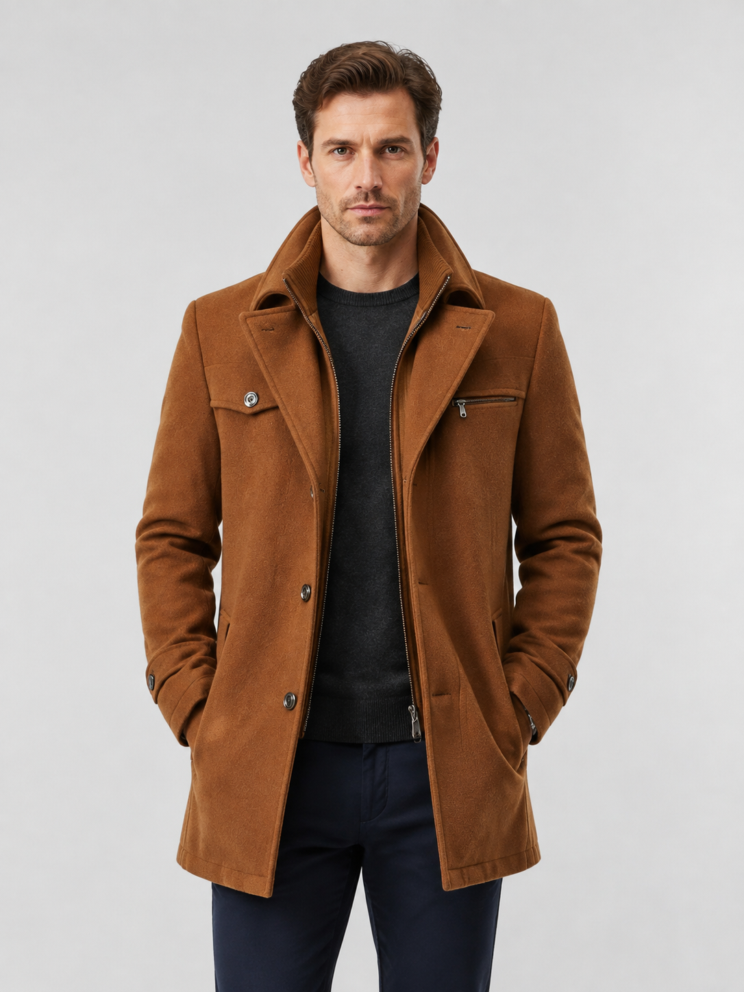 Men’s Mid-Length Overcoat with Layered Collar