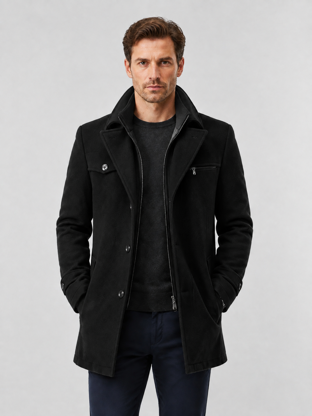 Men’s Mid-Length Overcoat with Layered Collar