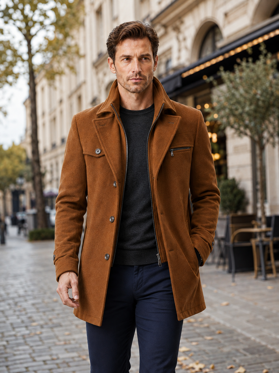 Men’s Mid-Length Overcoat with Layered Collar