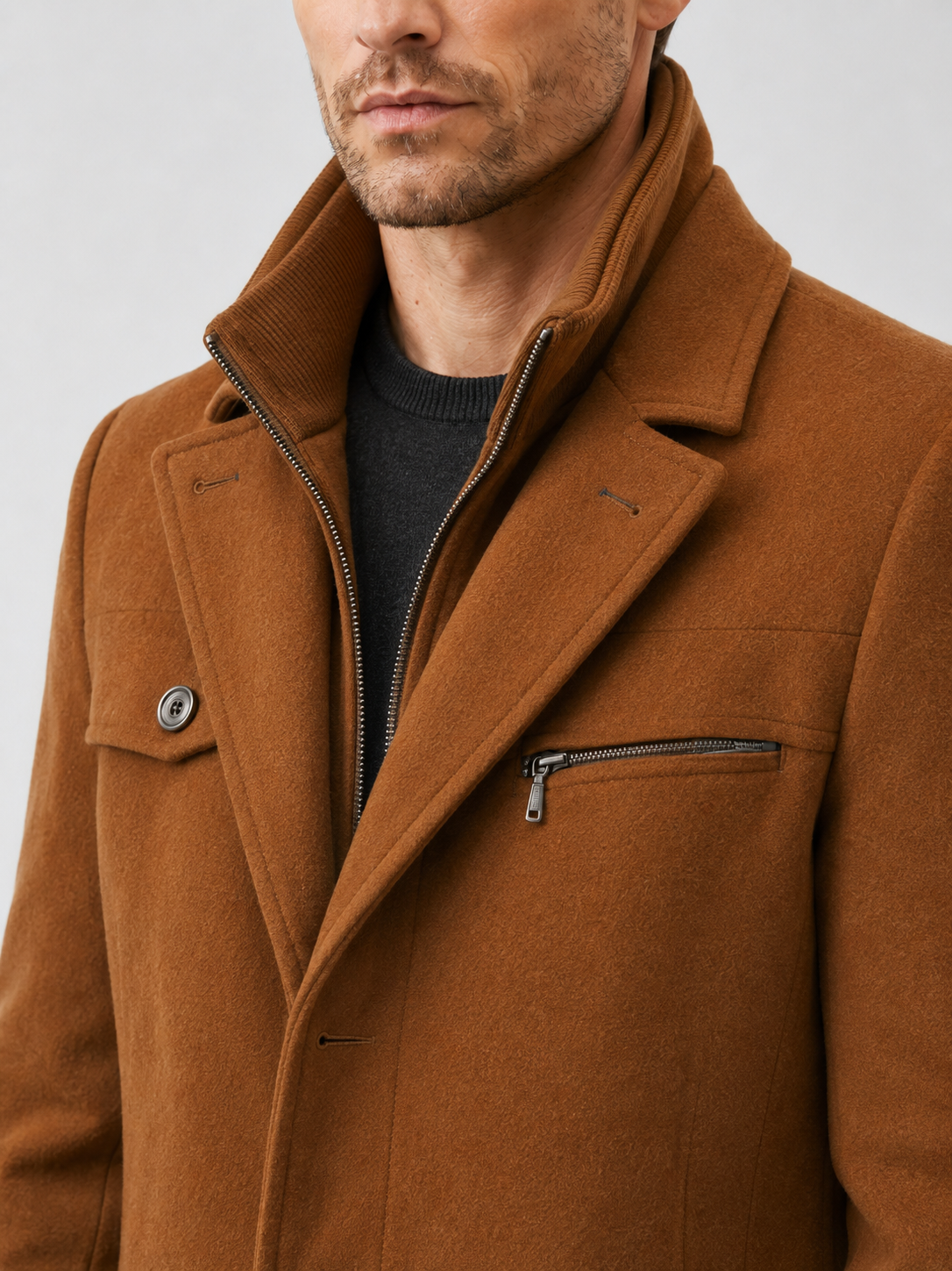 Men’s Mid-Length Overcoat with Layered Collar