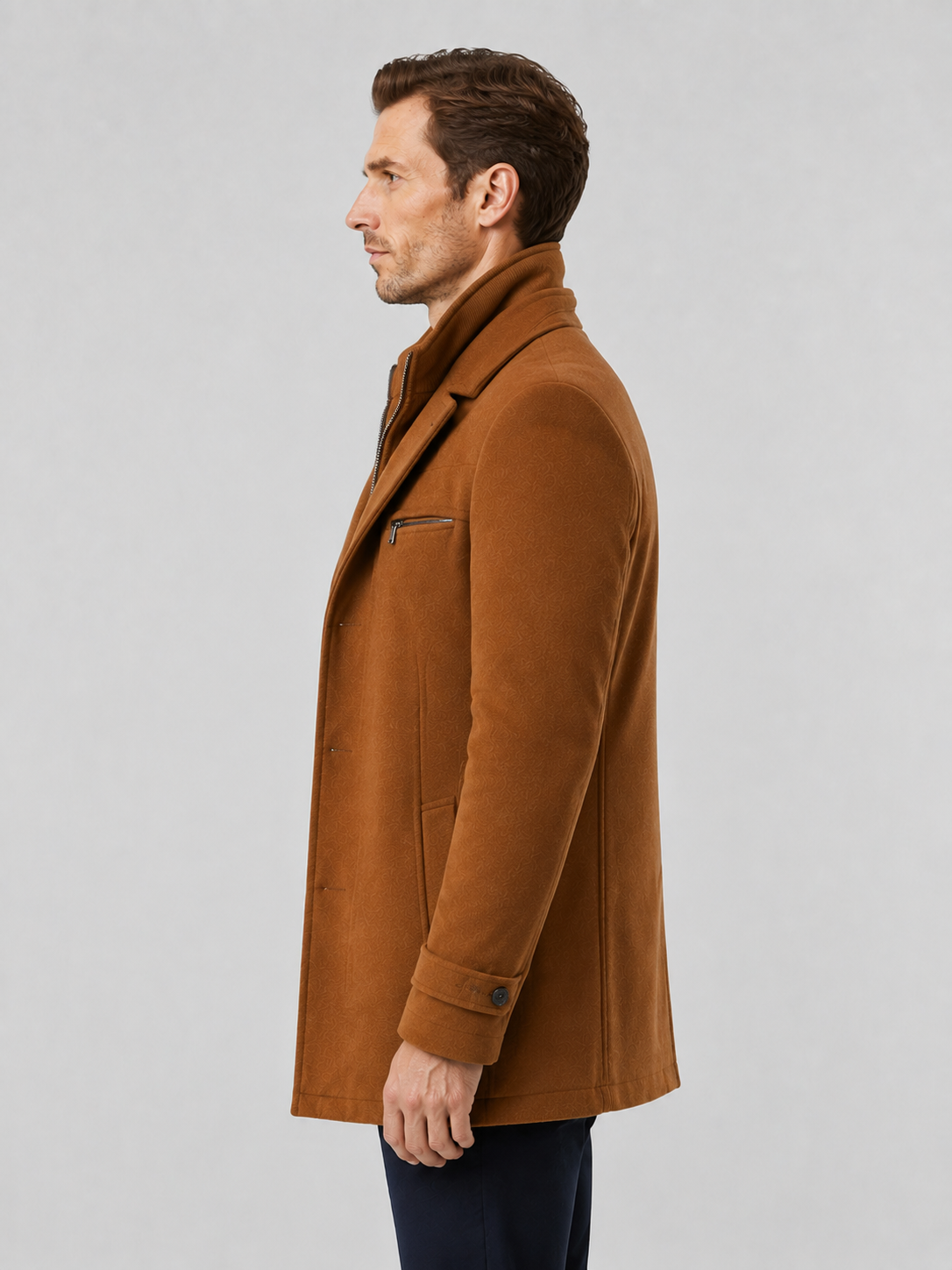 Men’s Mid-Length Overcoat with Layered Collar