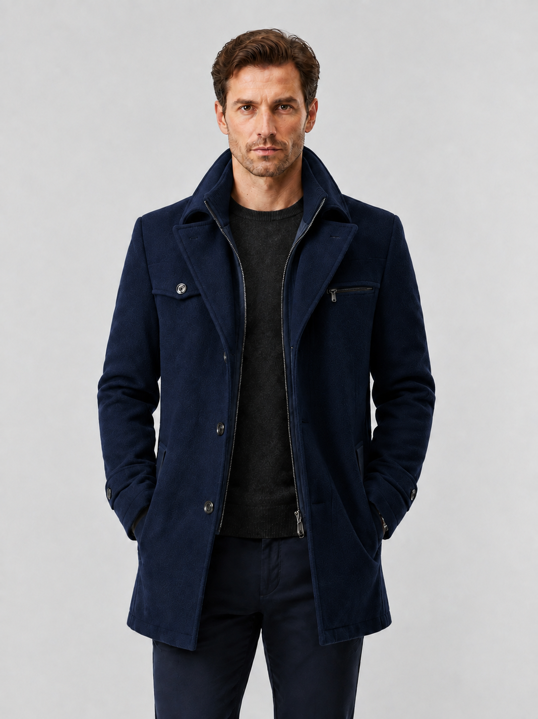 Men’s Mid-Length Overcoat with Layered Collar
