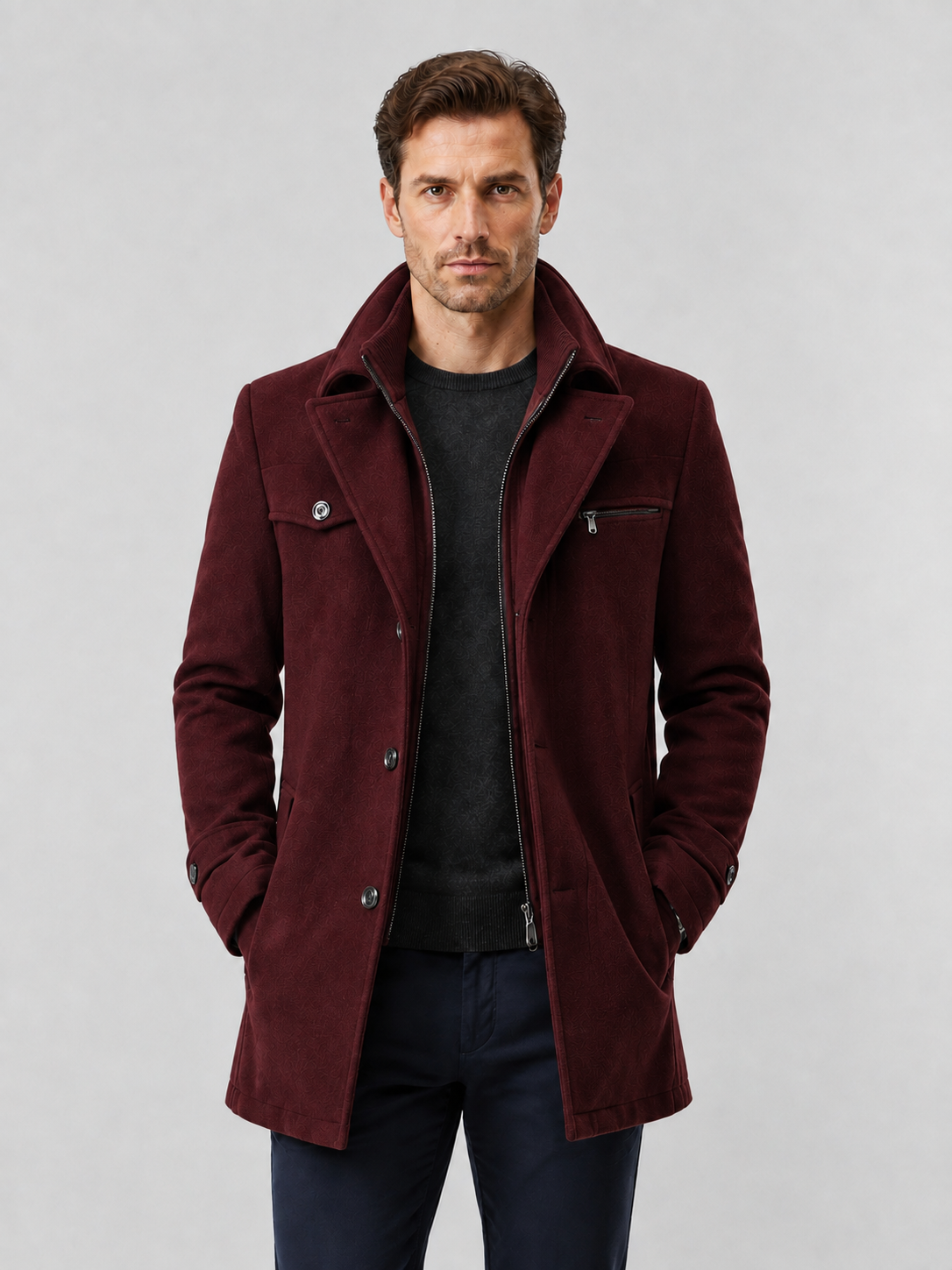 Men’s Mid-Length Overcoat with Layered Collar