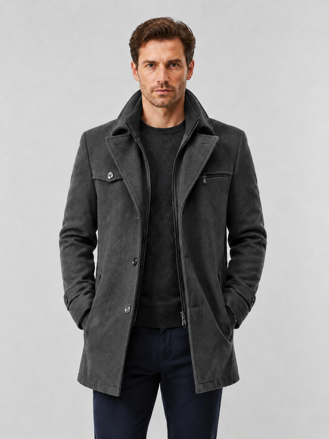 Men’s Mid-Length Overcoat with Layered Collar