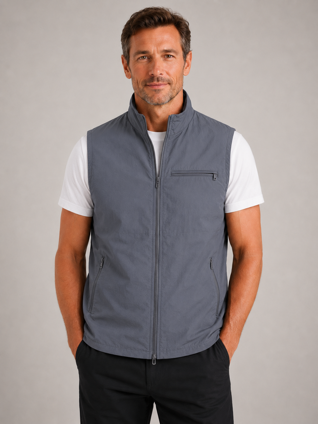 Men’s Outdoor Gilet Jacket with Zipper and Turn-Down Collar