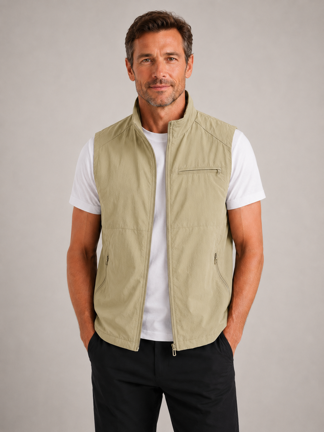 Men’s Outdoor Gilet Jacket with Zipper and Turn-Down Collar