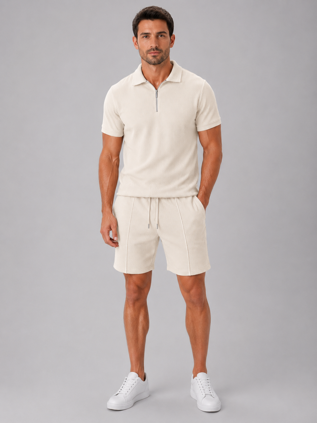 Men’s Polo Shirt and Shorts Set with Zip Collar