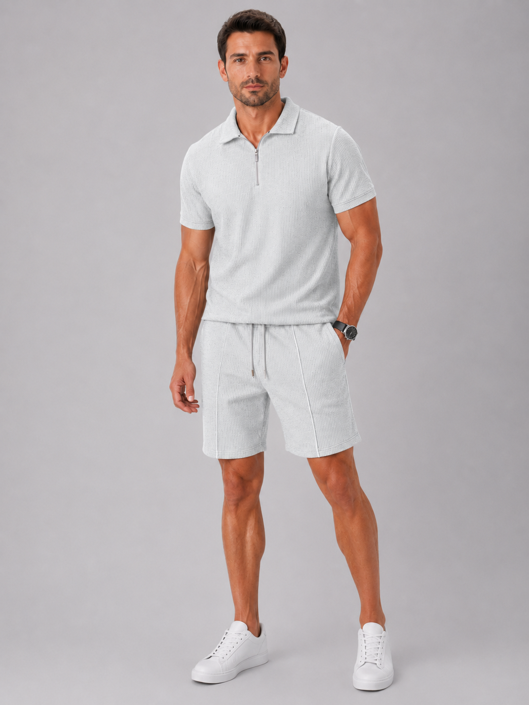 Men’s Polo Shirt and Shorts Set with Zip Collar