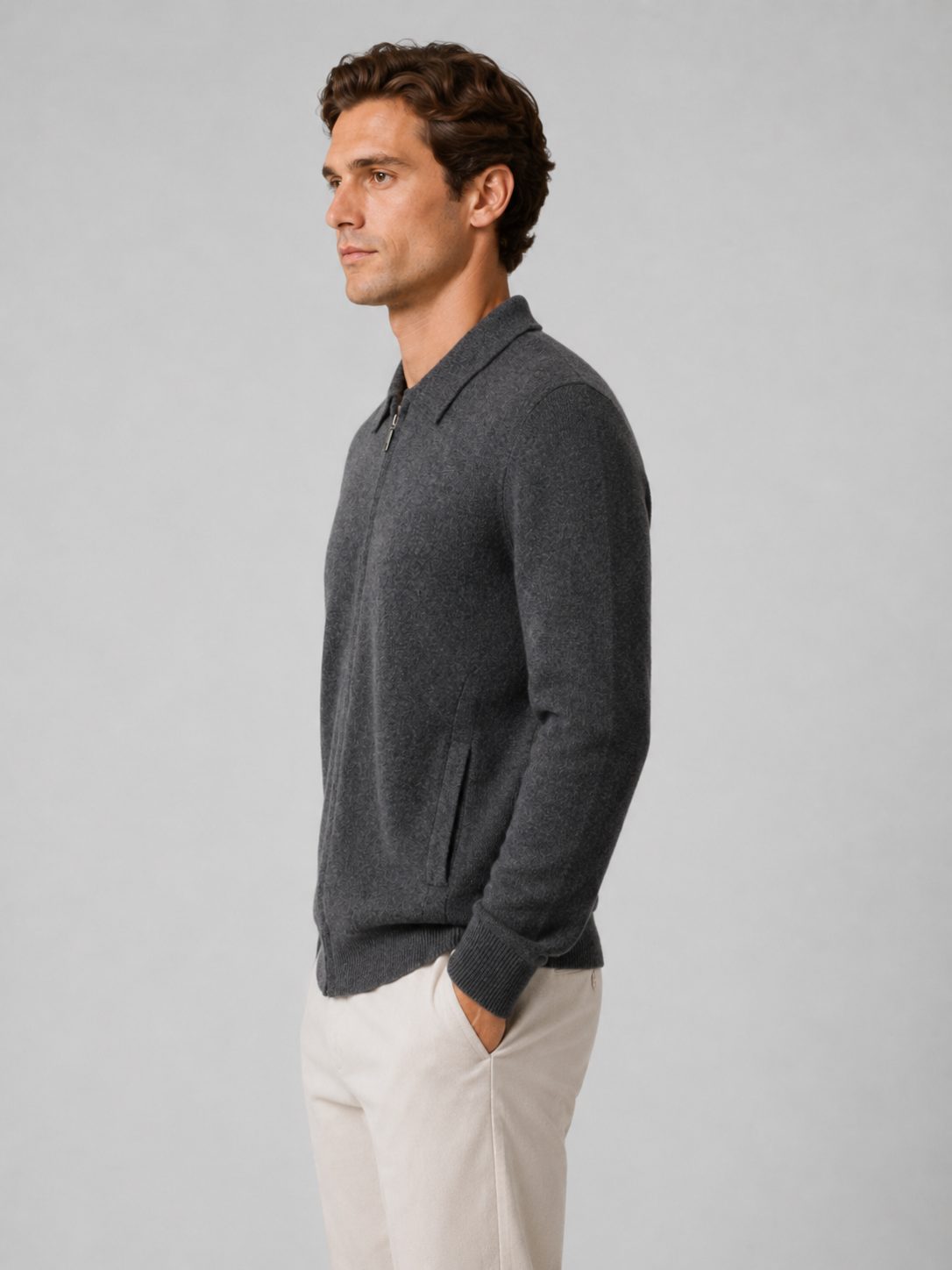 Men’s Ribbed Knit Zip Cardigan with Polo Collar
