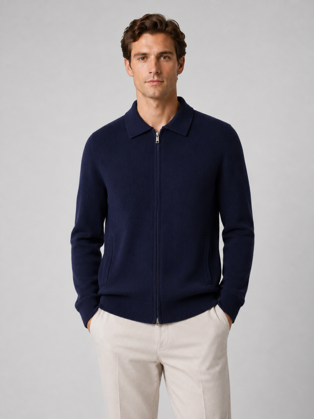 Men’s Ribbed Knit Zip Cardigan with Polo Collar