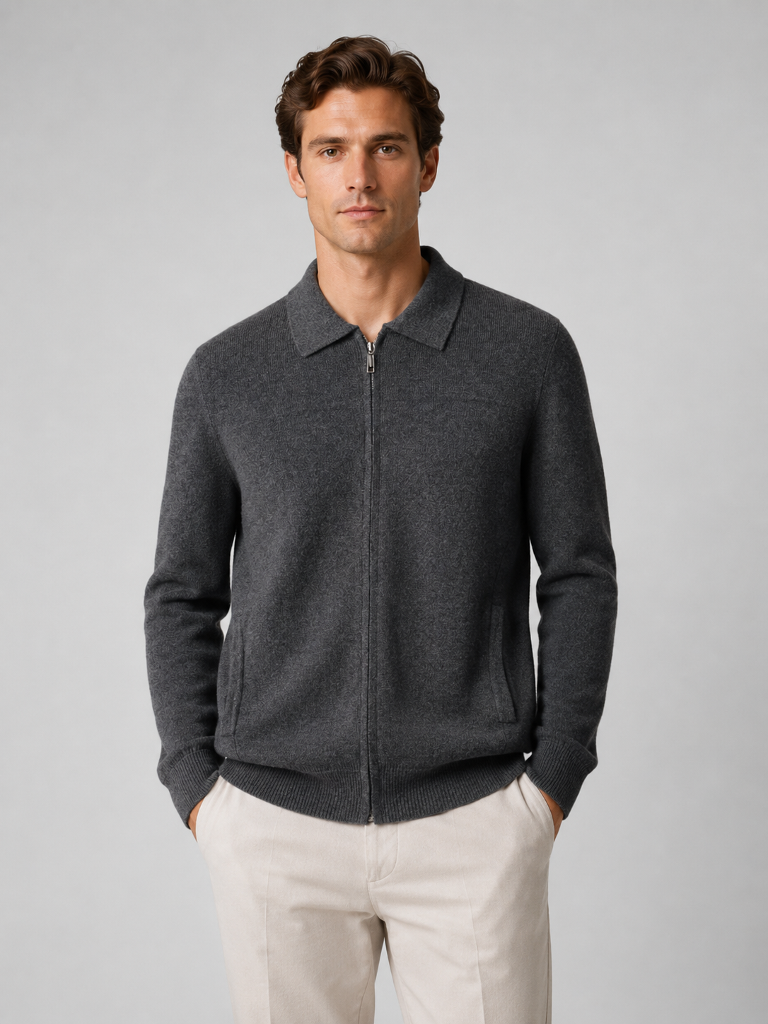 Men’s Ribbed Knit Zip Cardigan with Polo Collar