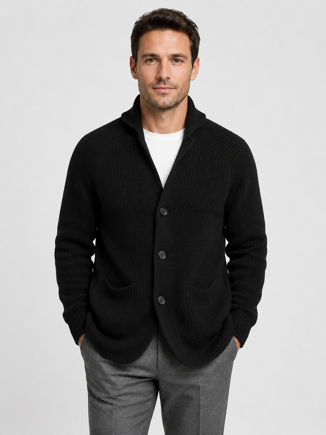Men's Shawl Collar Ribbed Knit Cardigan