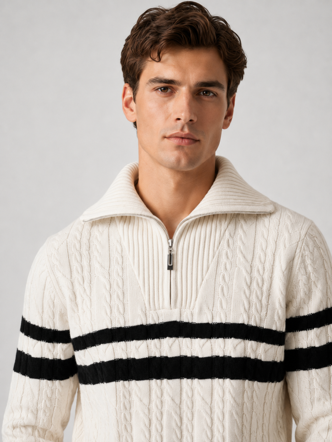 Men’s Striped Half-Zip Knit Jumper with Mock Neck