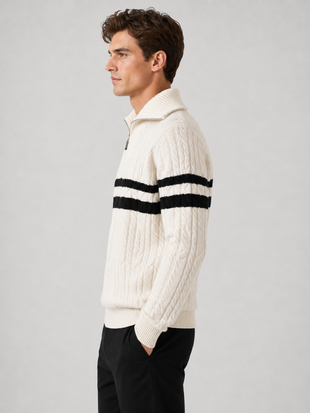 Men’s Striped Half-Zip Knit Jumper with Mock Neck