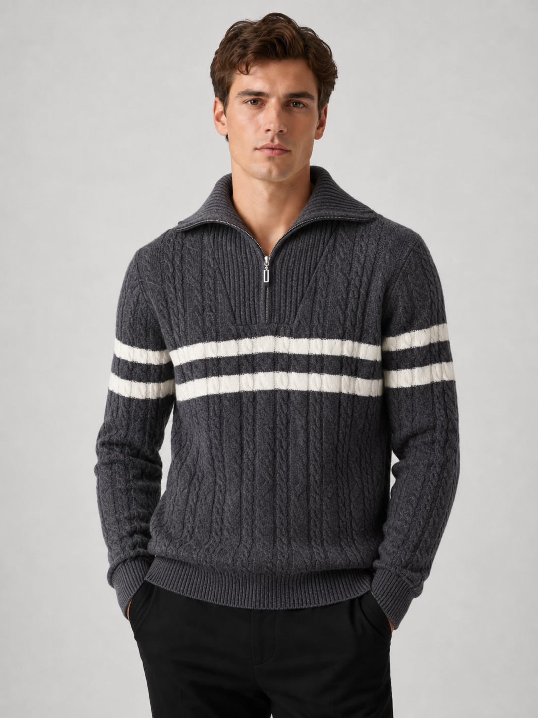 Men’s Striped Half-Zip Knit Jumper with Mock Neck