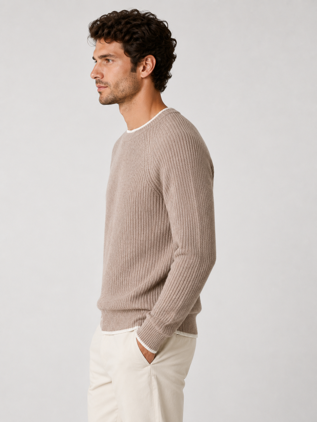 Men’s Two-Tone Crew Neck Knit Jumper with Ribbed Trim