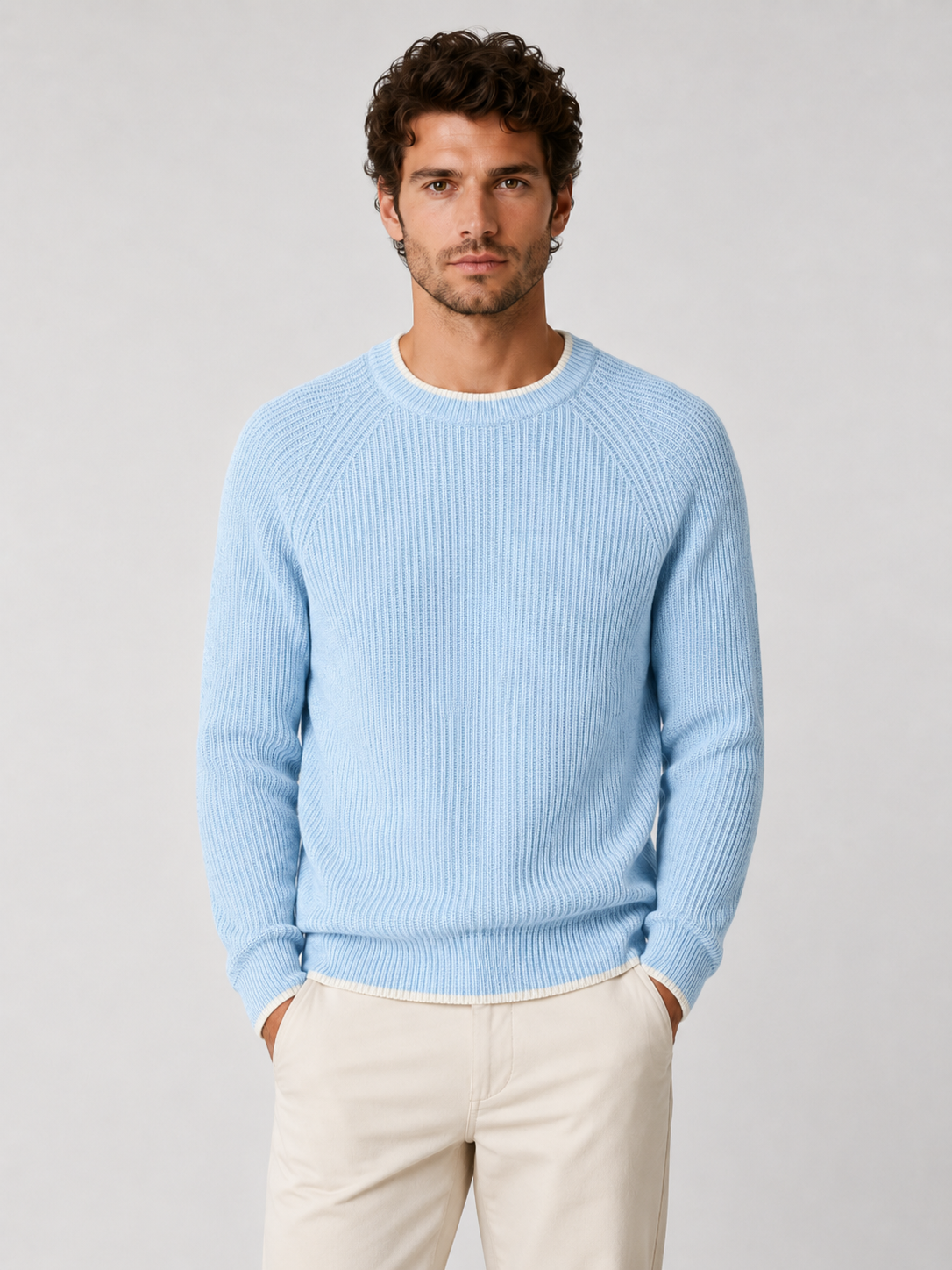 Men’s Two-Tone Crew Neck Knit Jumper with Ribbed Trim