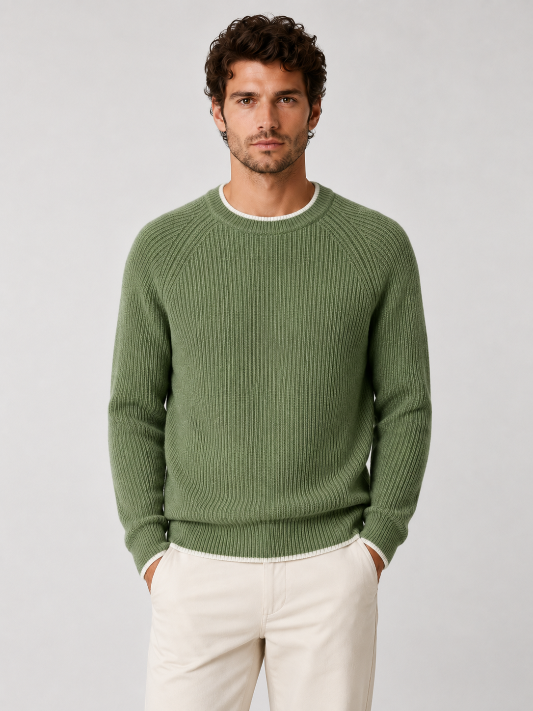 Men’s Two-Tone Crew Neck Knit Jumper with Ribbed Trim