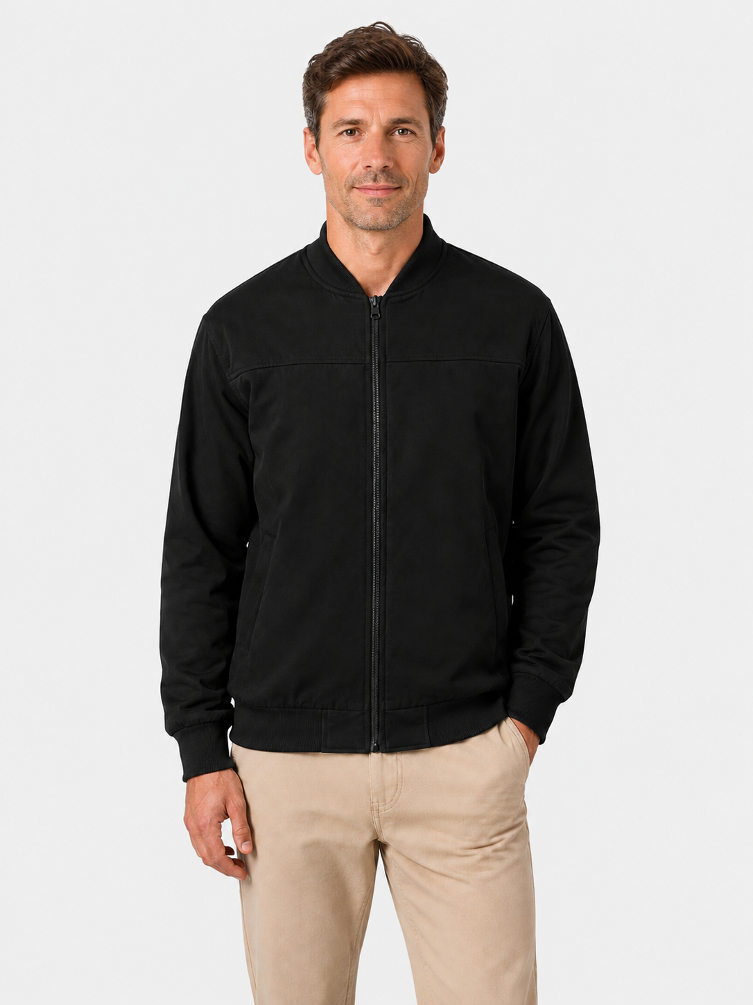 Men’s Zip Front Bomber Jacket with Ribbed Collar