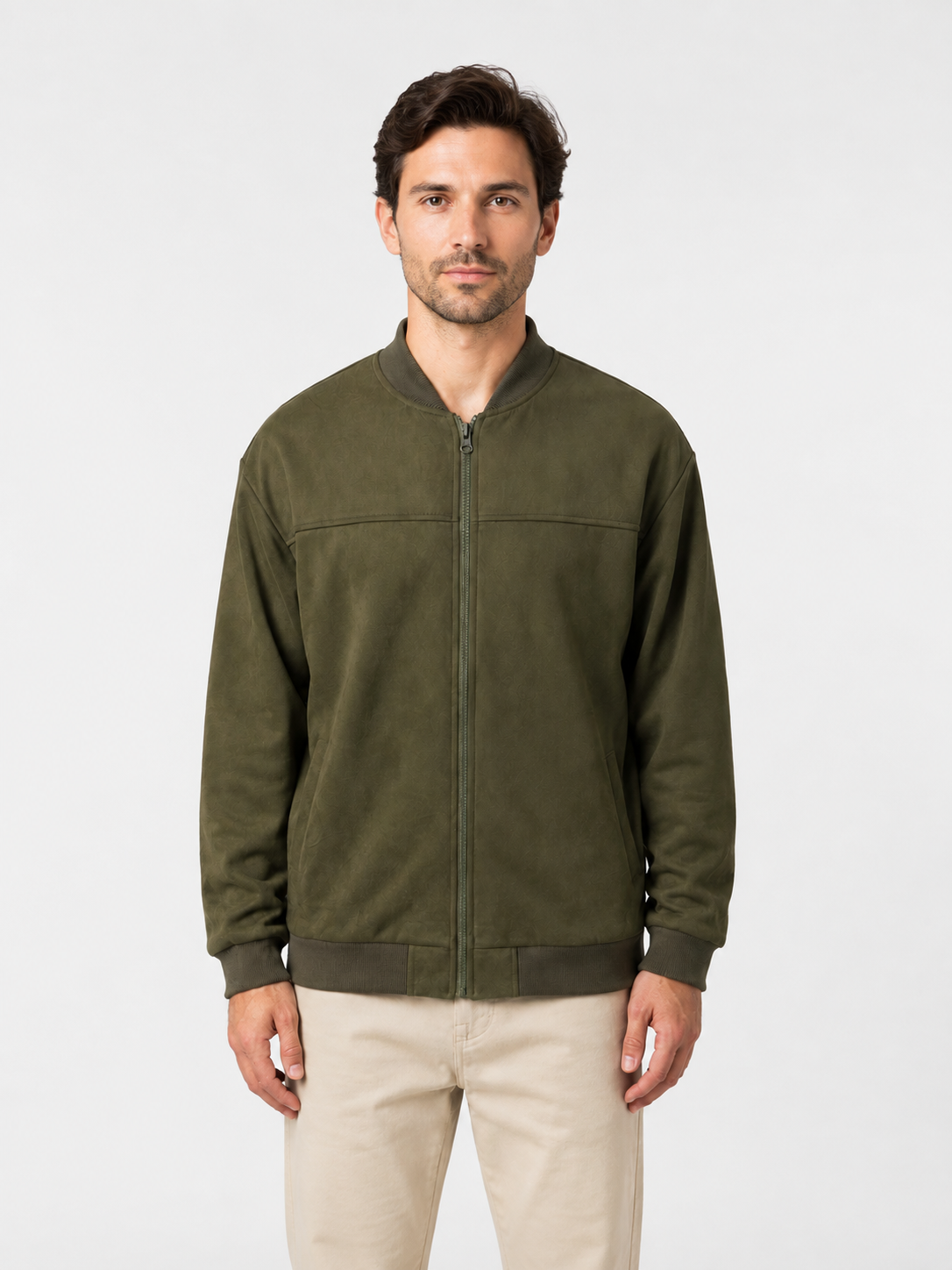 Men’s Zip Front Bomber Jacket with Ribbed Collar