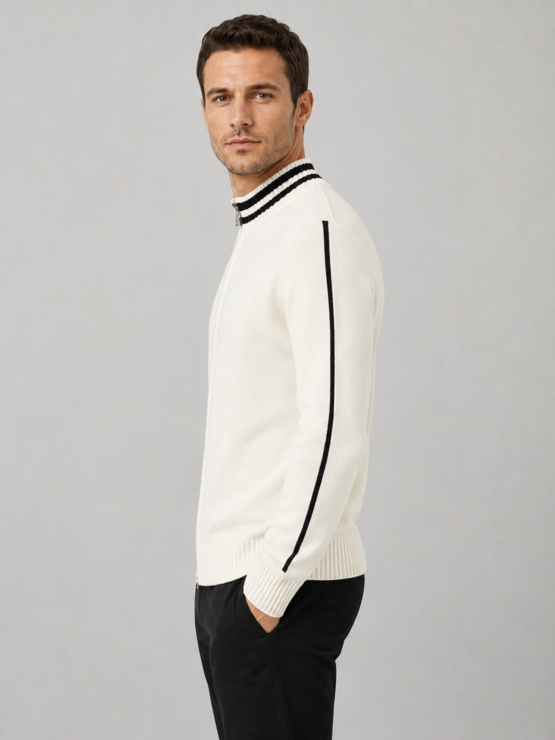 Men’s Zip Knit Cardigan with Contrast Collar