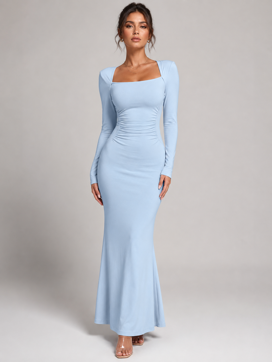 Women’s Ankle-Length Dress with Square Neck and Long Sleeves