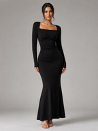 Women’s Ankle-Length Dress with Square Neck and Long Sleeves