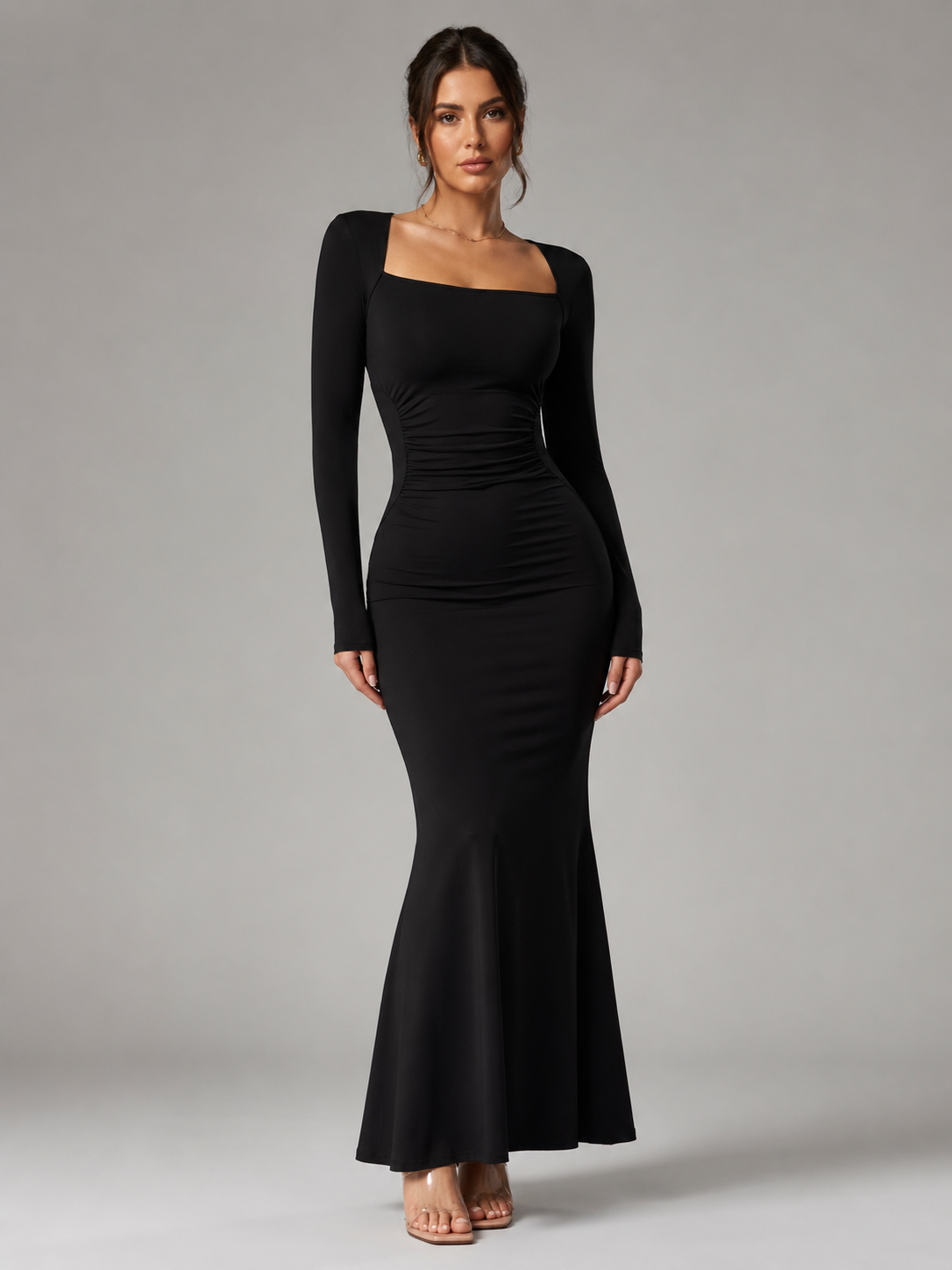 Women’s Ankle-Length Dress with Square Neck and Long Sleeves