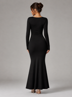 Women’s Ankle-Length Dress with Square Neck and Long Sleeves