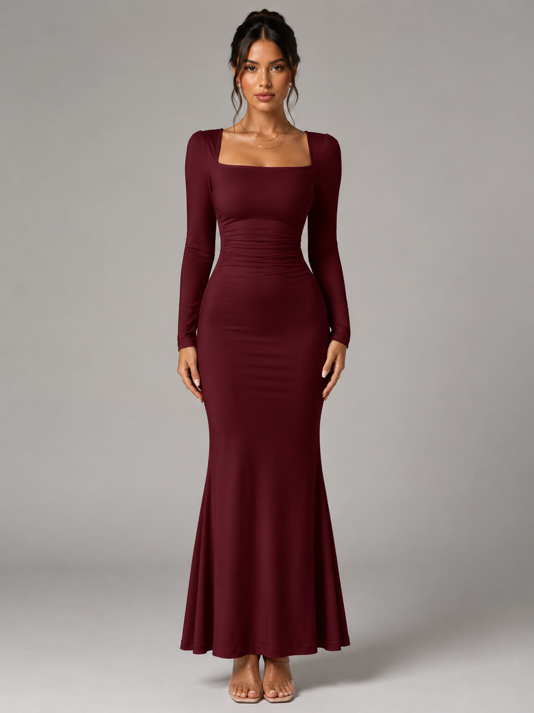 Women’s Ankle-Length Dress with Square Neck and Long Sleeves