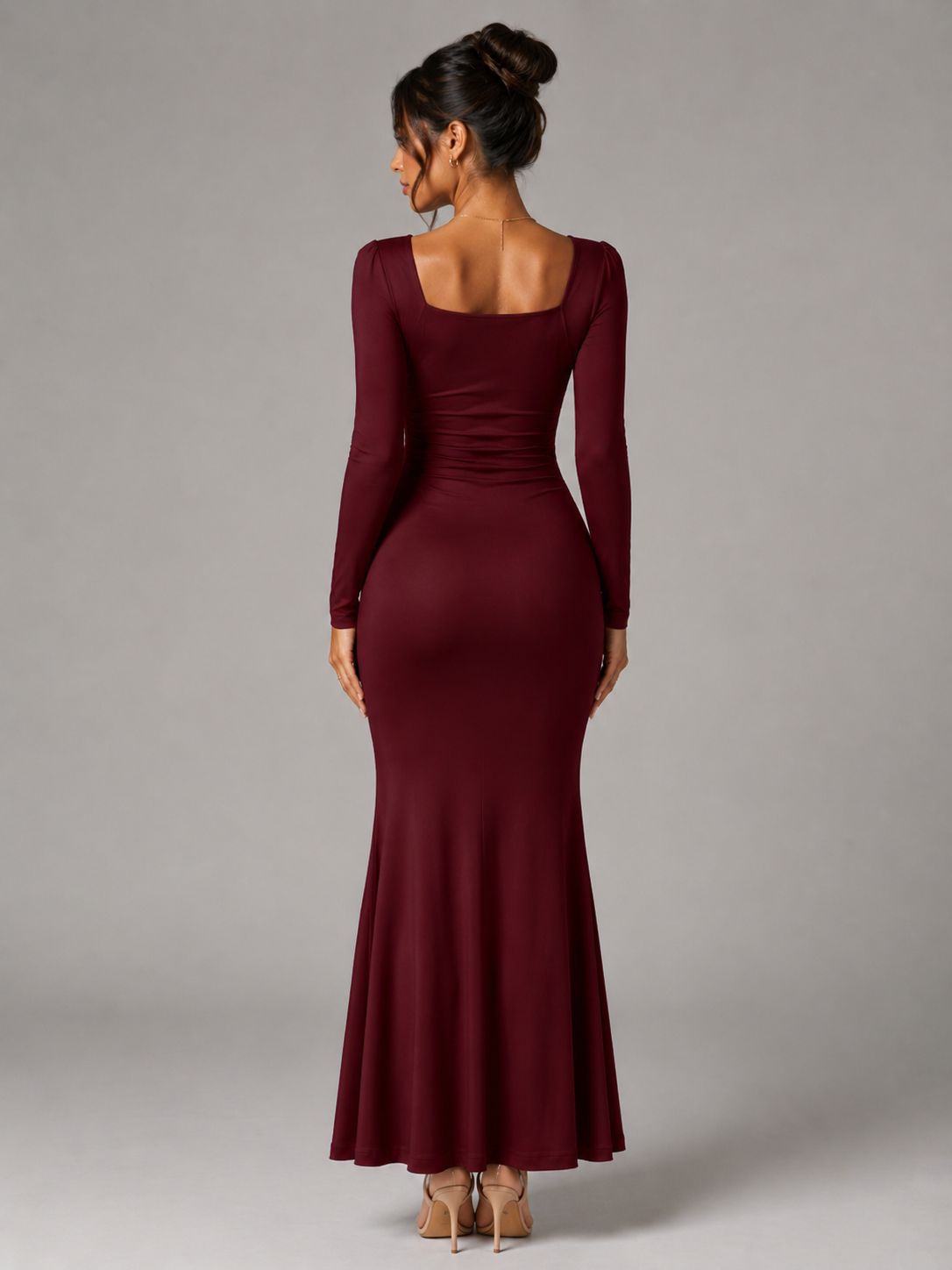 Women’s Ankle-Length Dress with Square Neck and Long Sleeves