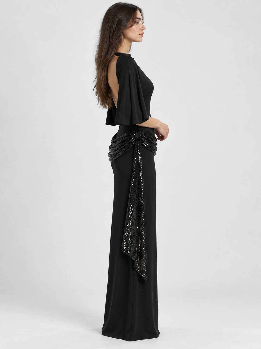 Women's Backless Sequin Maxi Dress with Wide Sleeves