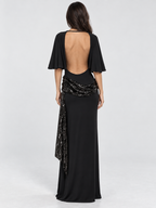 Women's Backless Sequin Maxi Dress with Wide Sleeves