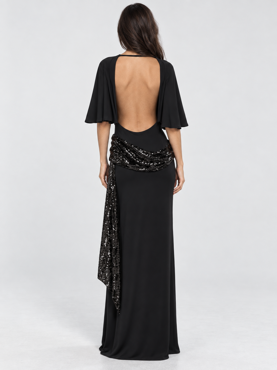 Women's Backless Sequin Maxi Dress with Wide Sleeves