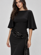 Women's Backless Sequin Maxi Dress with Wide Sleeves