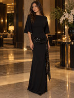 Women's Backless Sequin Maxi Dress with Wide Sleeves