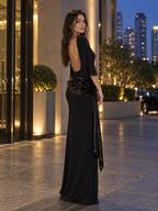 Women's Backless Sequin Maxi Dress with Wide Sleeves
