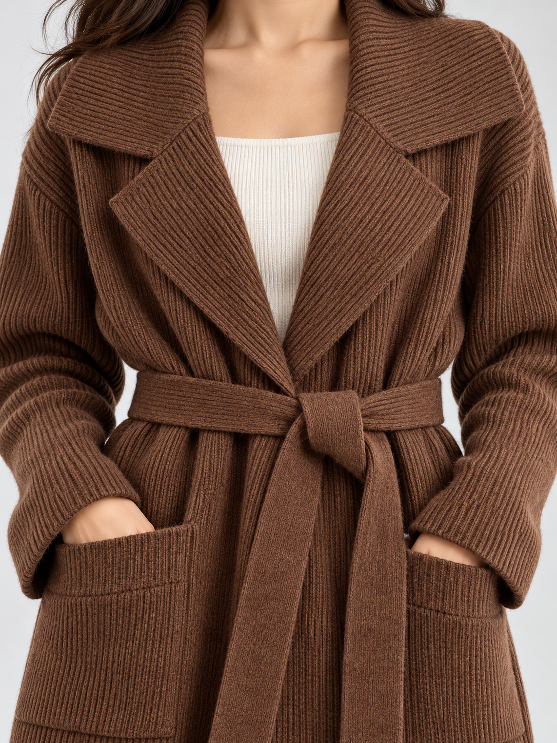 Women's Belted Lapel-Collar Longline Cardigan Jacket