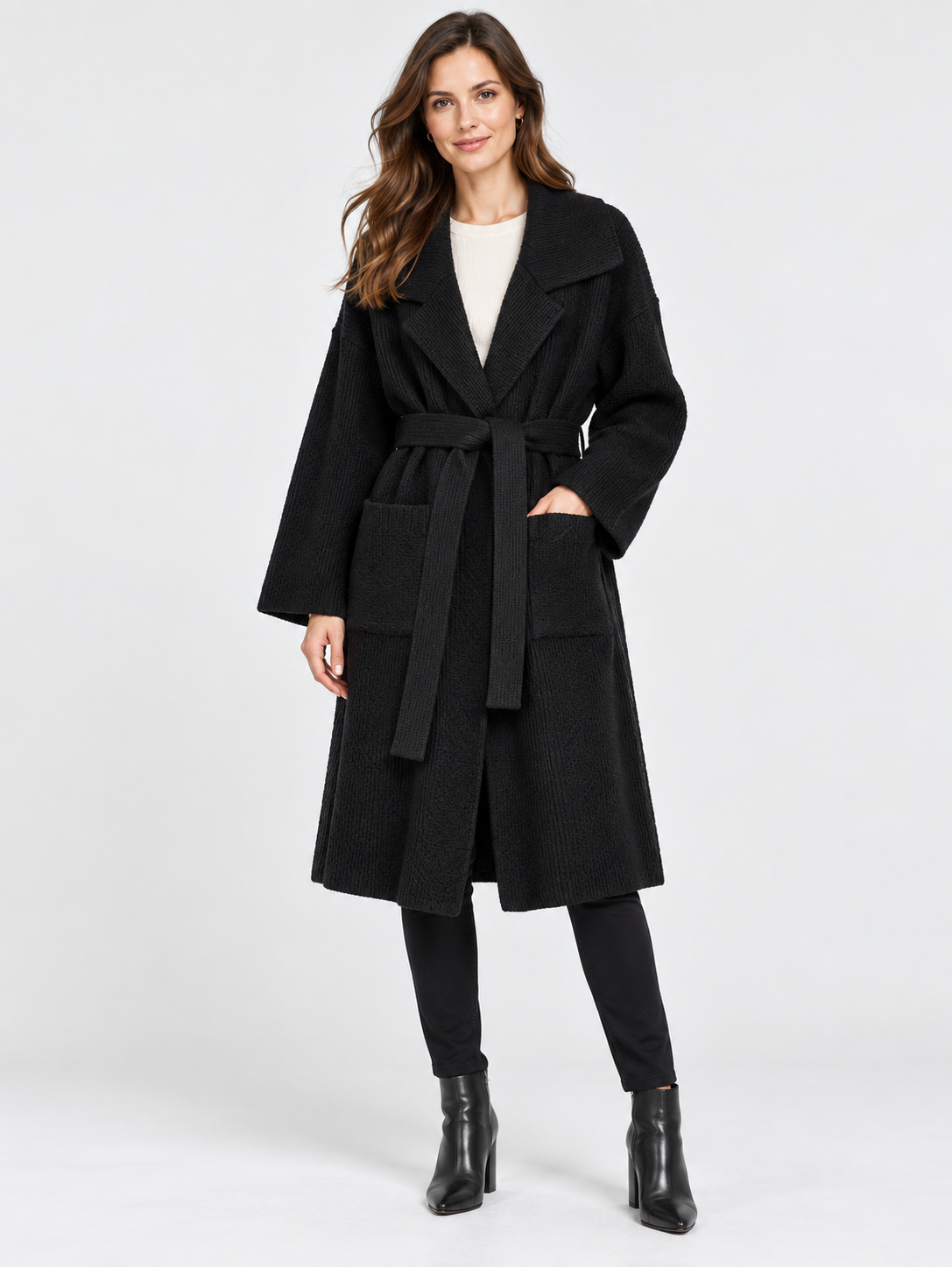 Women's Belted Lapel-Collar Longline Cardigan Jacket