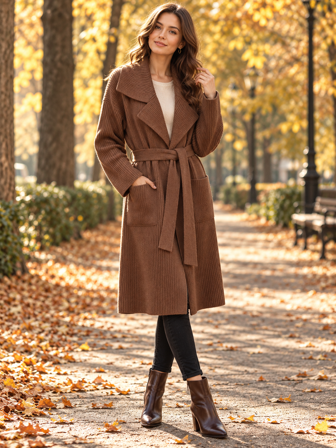 Women's Belted Lapel-Collar Longline Cardigan Jacket