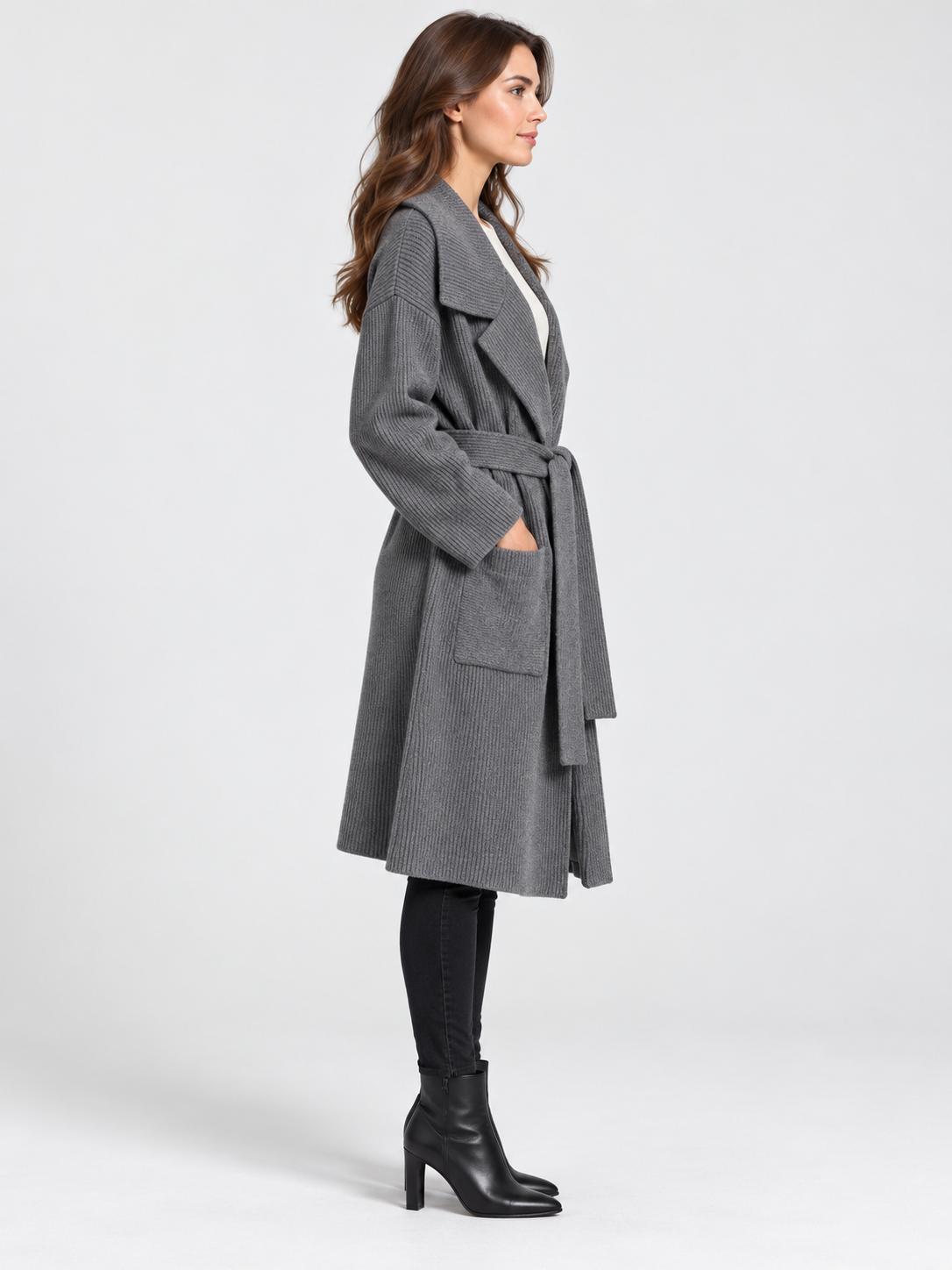 Women's Belted Lapel-Collar Longline Cardigan Jacket