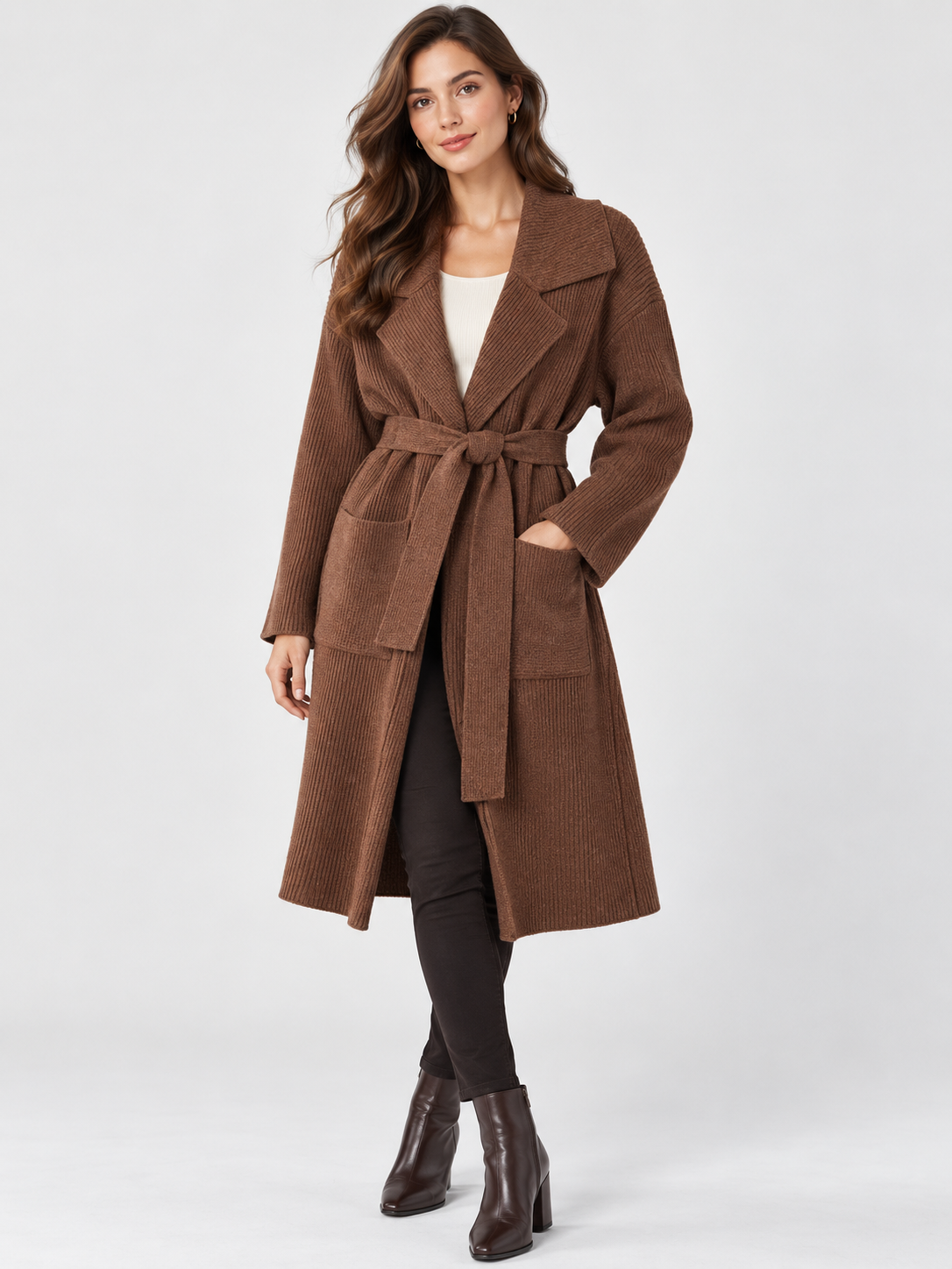 Women's Belted Lapel-Collar Longline Cardigan Jacket