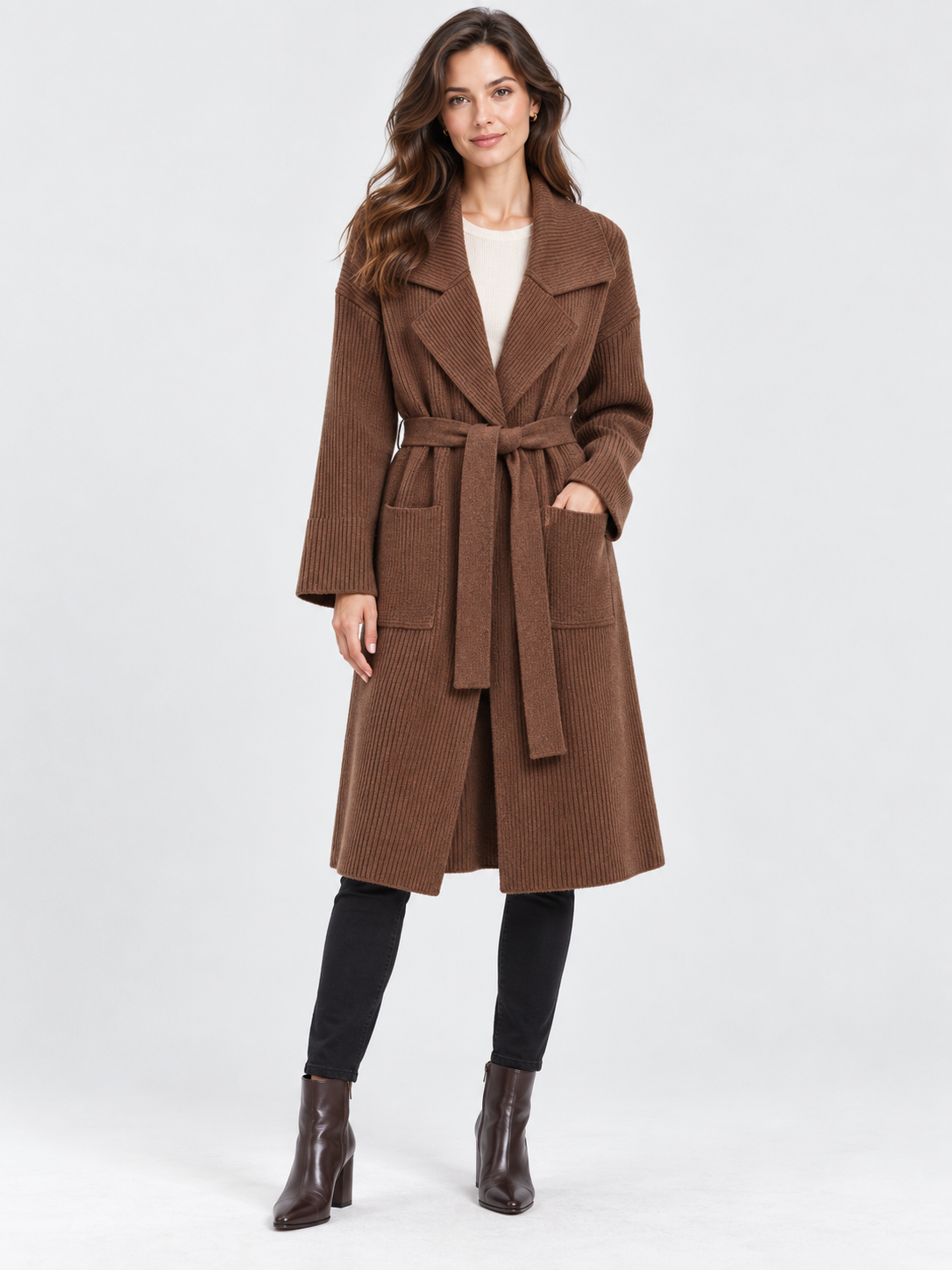Women's Belted Lapel-Collar Longline Cardigan Jacket