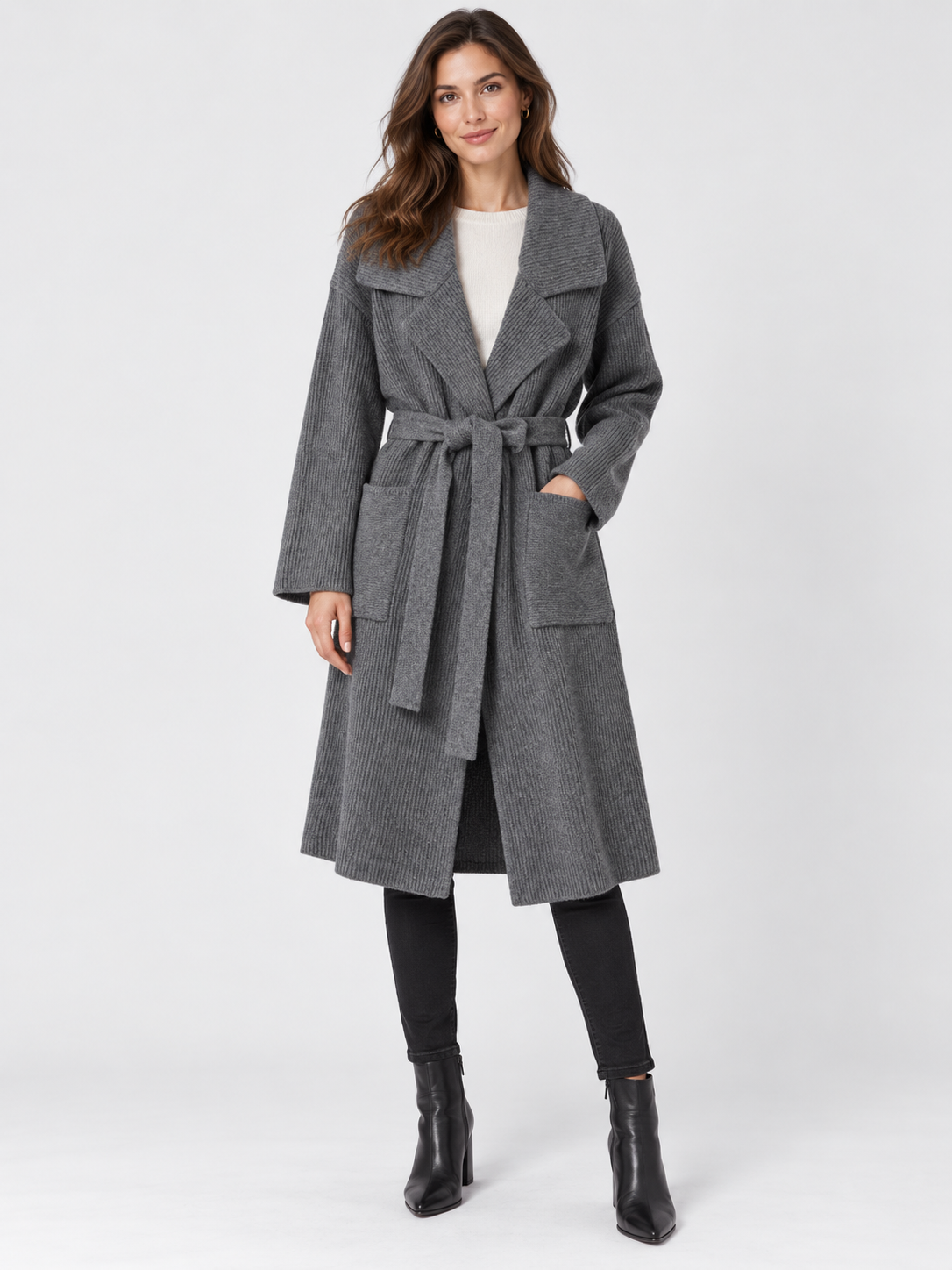 Women's Belted Lapel-Collar Longline Cardigan Jacket