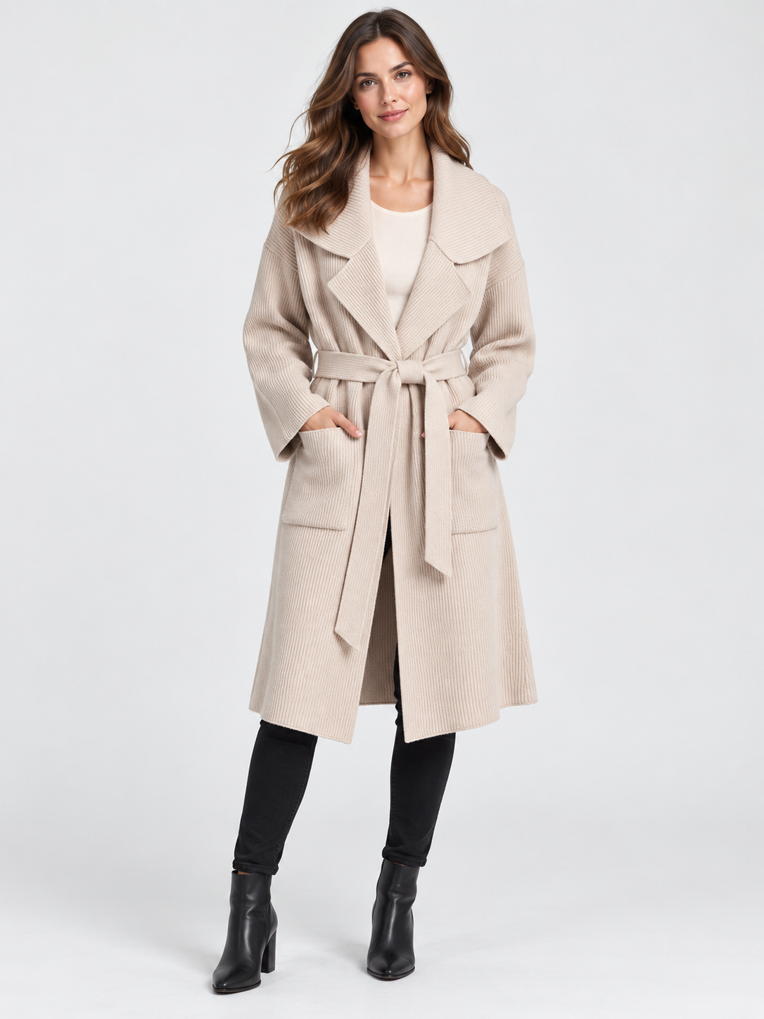 Women's Belted Lapel-Collar Longline Cardigan Jacket