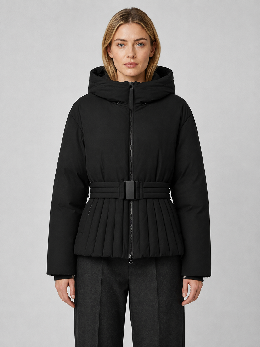Women’s Belted Peplum Puffer Jacket with Hood