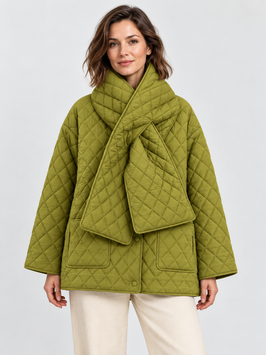 Women's Button-Front Padded Parka Jacket with Detachable Scarf Collar