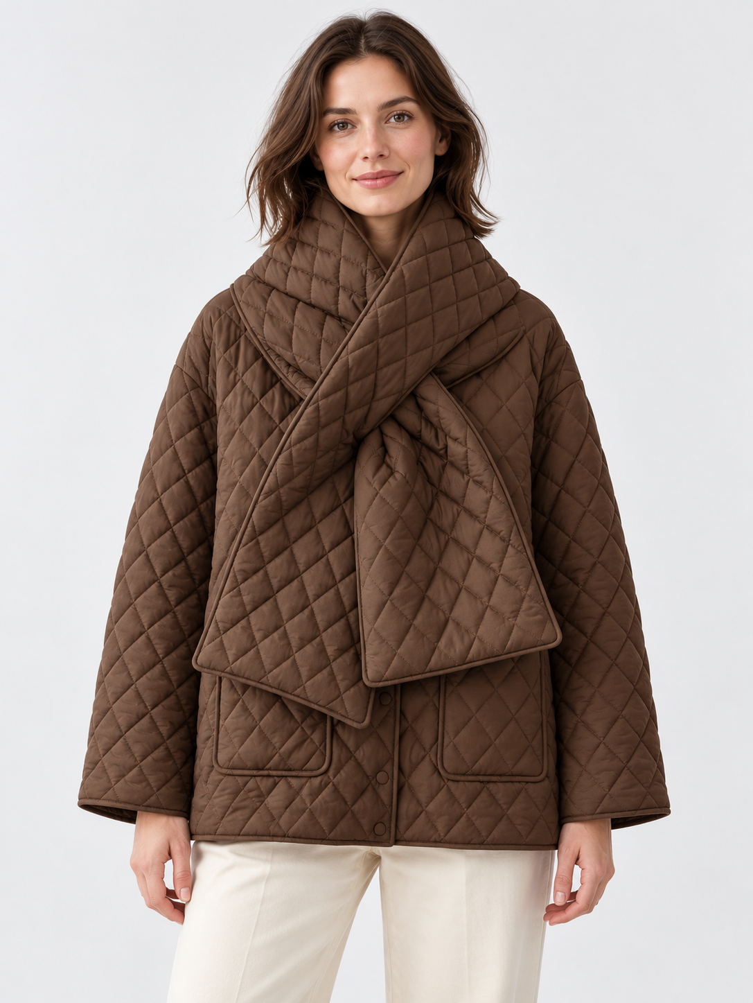 Women's Button-Front Padded Parka Jacket with Detachable Scarf Collar